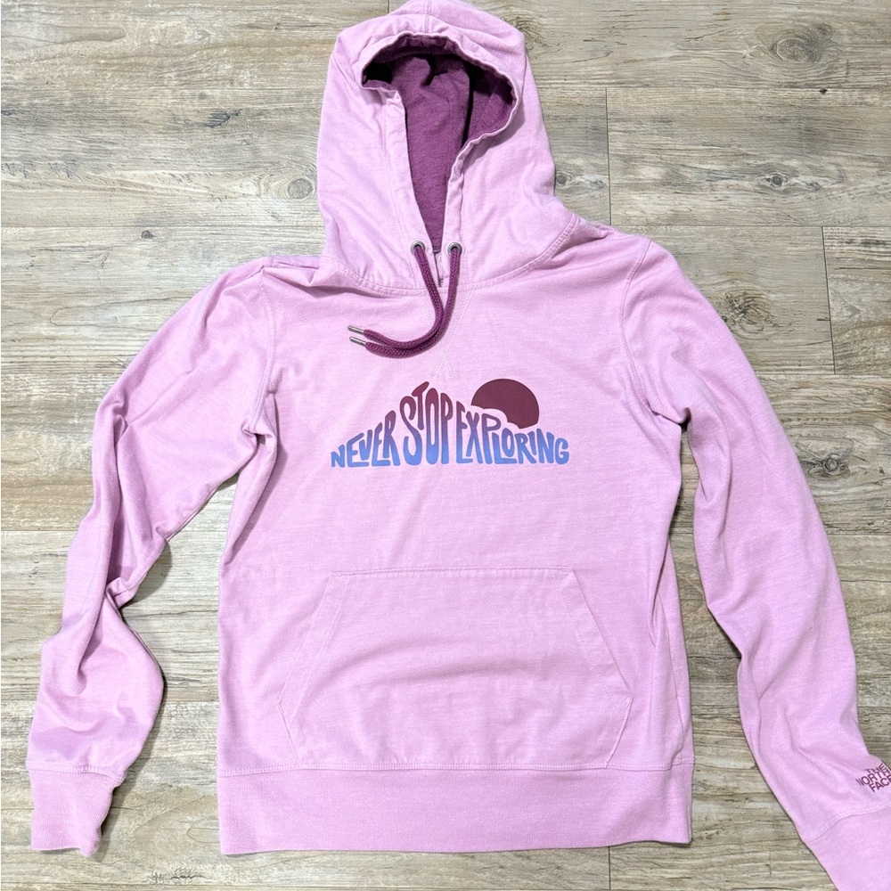 The North Face Pink Hooded Long Sleeve Pullover - "Never Stop Exploring"